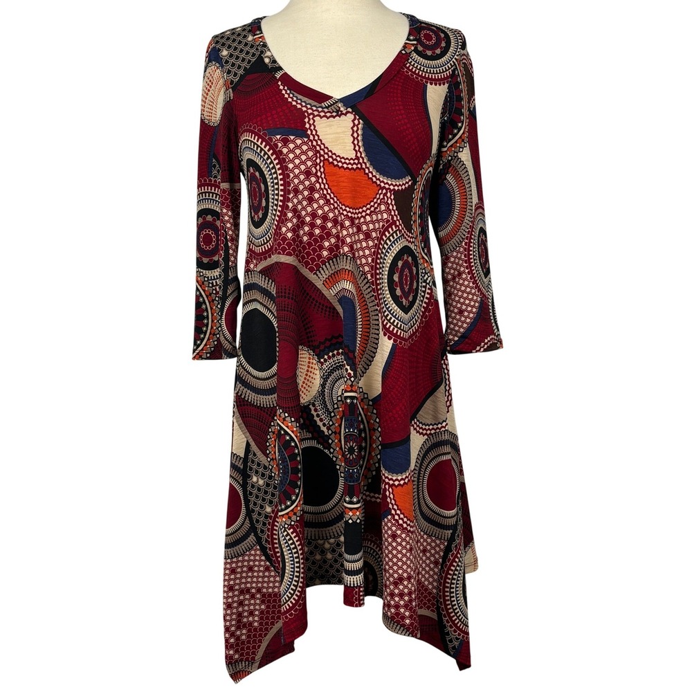Madeline Sparklestein S Red Navy‎ Geometric Medallion Sharkbite Dress USA